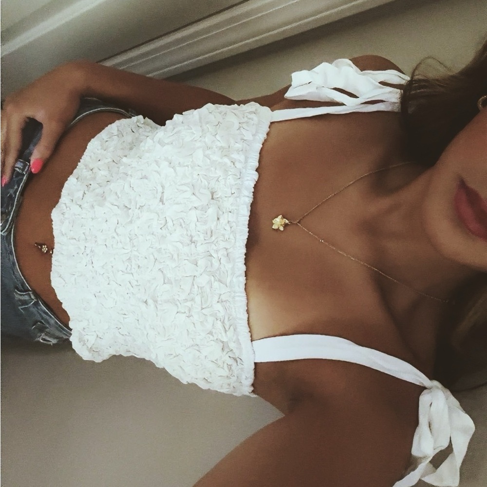 Light Blue/White Ruffled Crop Top with Bow Shoulders